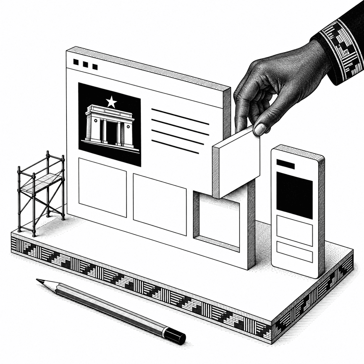 A maker’s hand with a woven cuff carefully assembling a website and mobile app, with Black Star Gate illustrated on the screen.